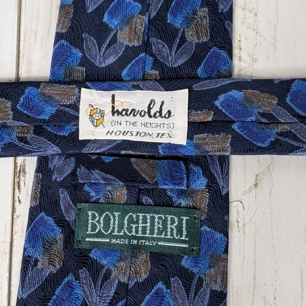 Bolgheri Italy 100% Silk Necktie Harold's Houston Floral Blue Beige Men's - Picture 3 of 4